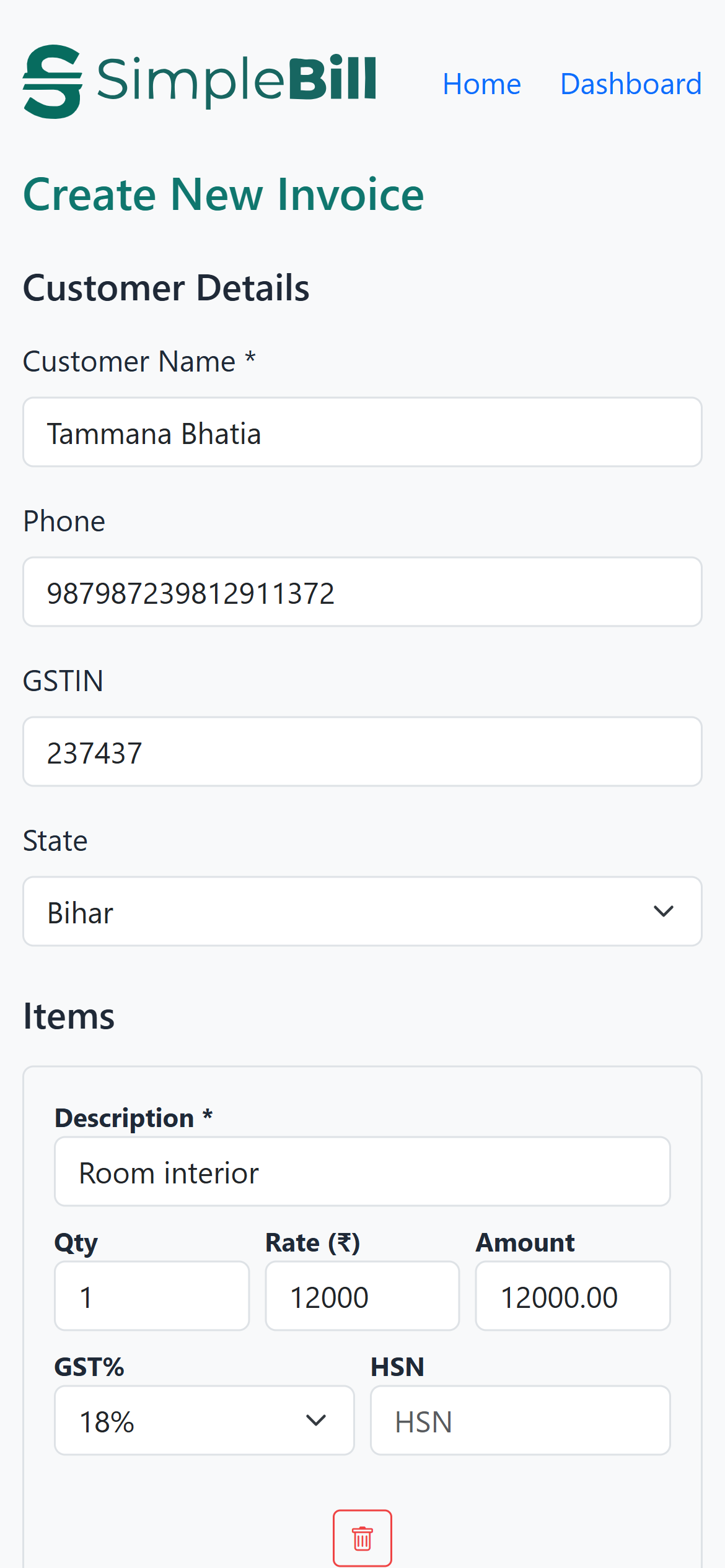 Create invoice mobile