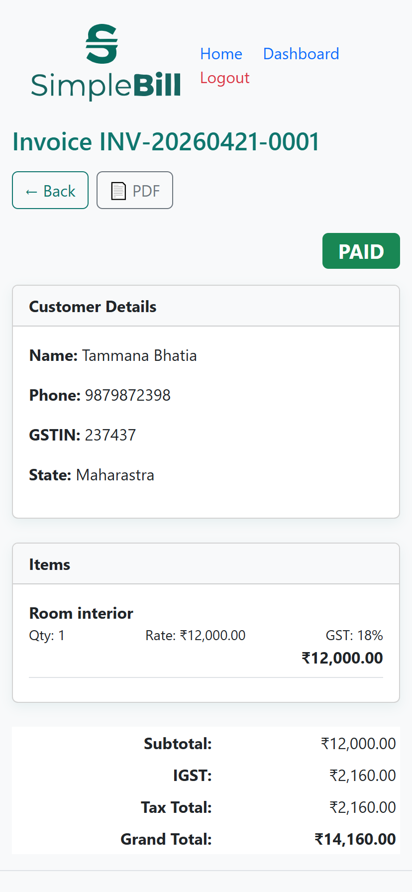 View invoice mobile